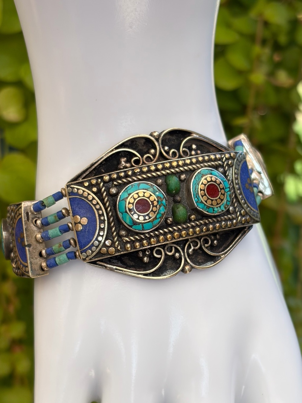 Bracelet Tibetan Silver Link Turquoise Blue Lapis Panels Lobster Clasp 7"